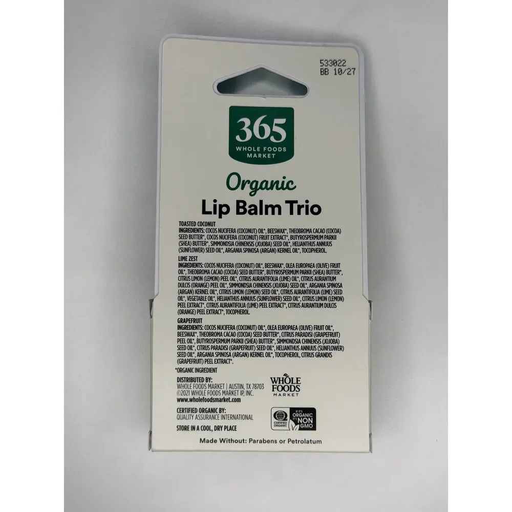 Set of 2! 365 Whole Foods Market Organic Lip Balm 3 Pack Coconut Lime Grapefruit